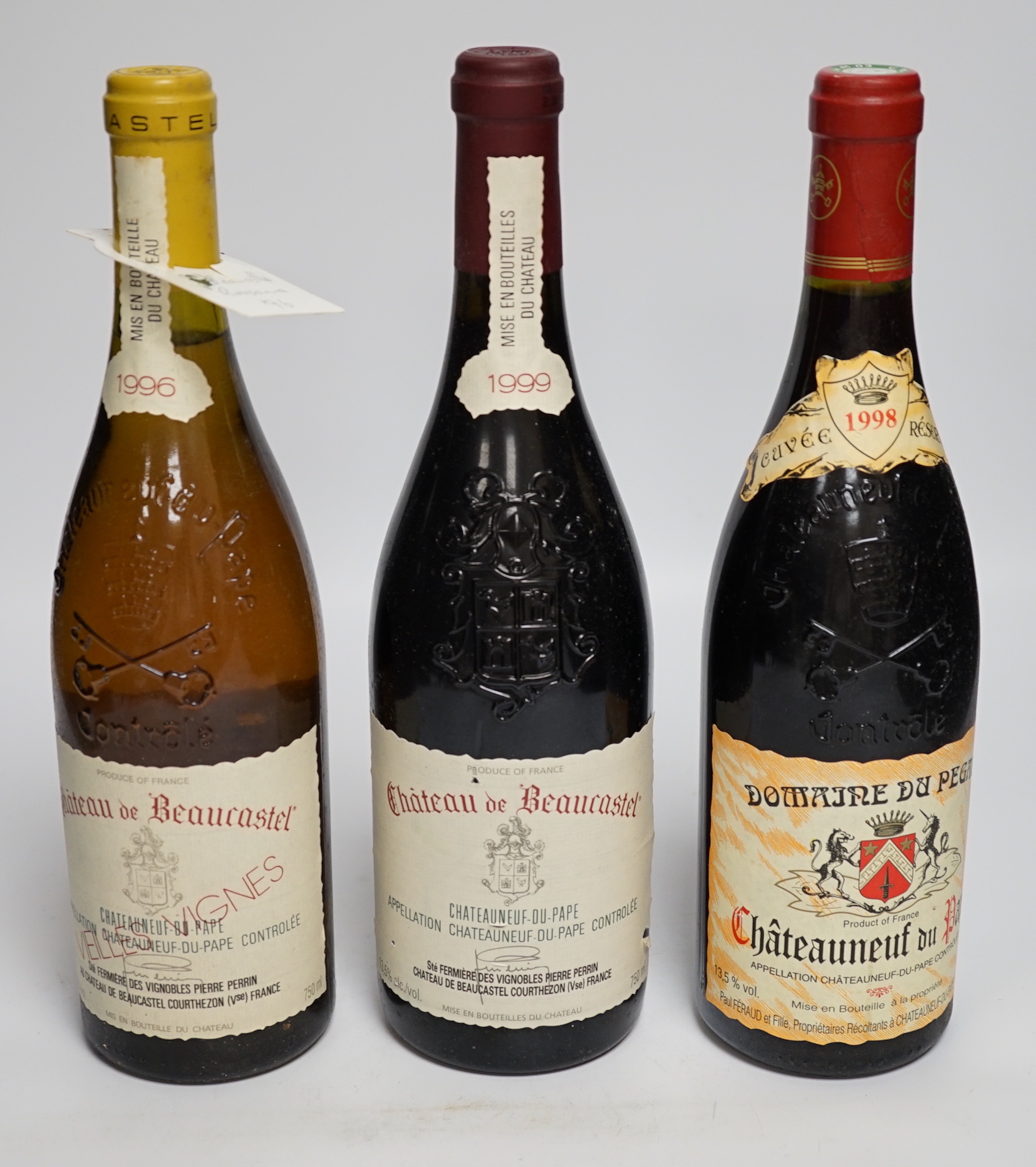9 bottles of wine - 5 bottles of 1996 Chateauneuf Du Pape Dieux Telegraphe, 2 bottles of 1998 Chateauneuf Du Pape Domaine Du Pegau and 2 bottles of 1996 Chateau De Beaucastel